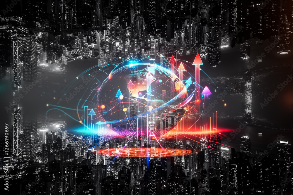 Poster Double exposure concept of Hong Kong growing up, showcasing digital network connections within a futuristic urban cityscape.