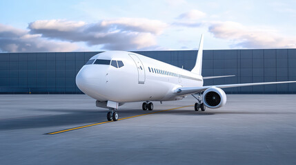 Obraz premium Modern White Airplane Parked on a Spacious Tarmac at an Airport