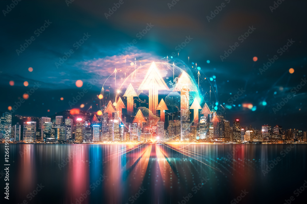 Poster hong kong skyline merges with upward arrows in a double exposure concept. growing city lights reflec