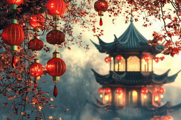Obraz premium Traditional Chinese pavilion with lanterns and festive lights 