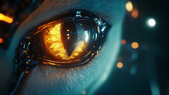 Close up of a stylized cybernetic eye, glowing with orange and yellow light, set against a dark blue background with bokeh lights. The eye's texture is detailed, showing metallic and organic
