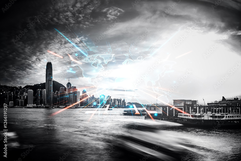 Poster A double exposure concept showing Hong Kong skyline.  Urban cityscape with growing lines overlaid, suggesting development and progress up into the future.