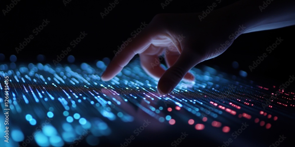 Poster hand interacting with glowing digital data streams.