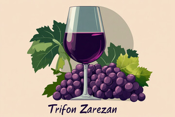 Wine glass with grapes and leaves in a stylized illustration