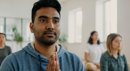 A man is praying in a room with other people