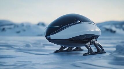 Futuristic black and white vehicle on snowy landscape, digital rendering, cold color palette, smooth surfaces, sleek design, technological, winter scene, arctic setting, artificial intelligence