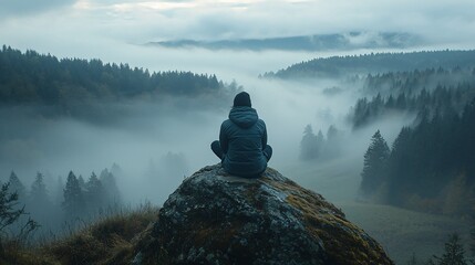 Man meditating on foggy mountaintop, serene valley view, peaceful nature scene