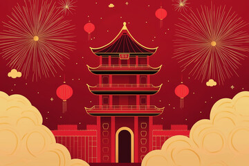 Chinese pagoda with fireworks and lanterns on red background