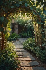 A serene garden path framed by lush greenery and a wooden archway.