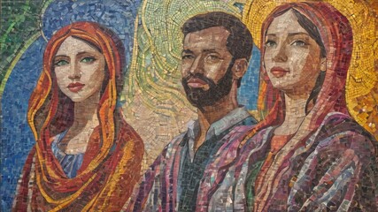 Vibrant Mosaic Portrait of Three Diverse Women Celebrating Unity and Strength Through Artful Expression