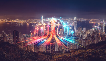 Hong Kong cityscape with double exposure effect. Arrows growing up, a concept of urban progress and futuristic development.