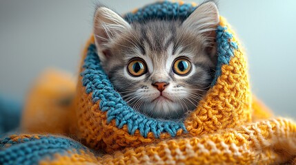 Naklejka premium Adorable gray kitten wrapped in a colorful knitted blanket, cozy indoor setting