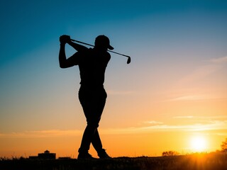 Focused Golfer Preparing for a Swing on the Green Surrounded by Lush Grass Under Clear Blue Sky