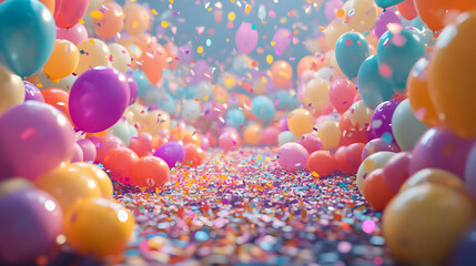 Vibrant balloon celebration party venue festive event colorful atmosphere eye-level view joyful experience