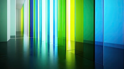 Luminous chromatic composition of translucent panels in a minimalist space