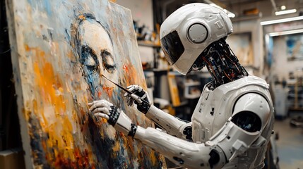 Robot artist paints portrait in studio