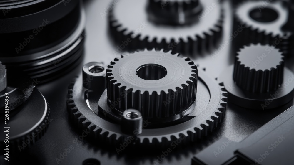 Poster close up view of multiple gears interlocked and rotating, showcasing the intricate workings of a com