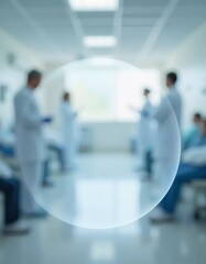 Medical professionals engage in discussion within a clinic characterized by rounded translucent backgrounds. Semi-transparent circle for text. Clinic or hospital. Patients and doctors. Generative AI