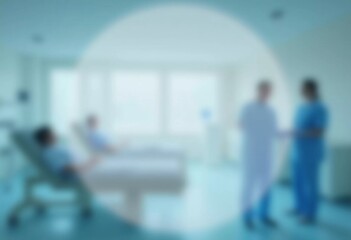 Obraz premium Medical professionals engage in discussion within a clinic characterized by rounded translucent backgrounds. Semi-transparent circle for text. Clinic or hospital. Patients and doctors. Generative AI