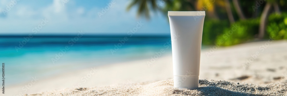 Aufkleber cosmetics cream tube on sandy beach with tranquil ocean and palm trees in bright daylight. generativ