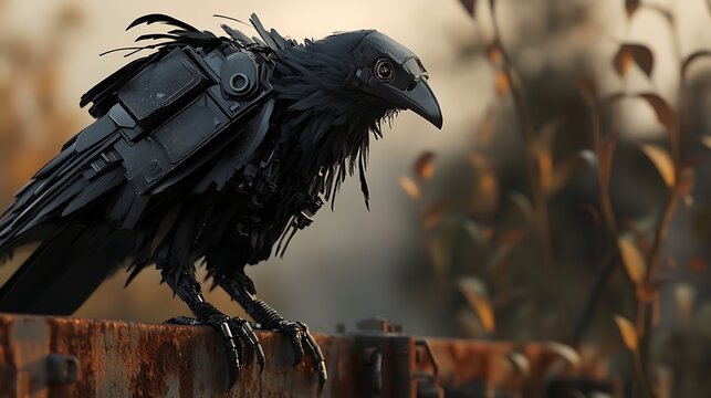 A digitally rendered image depicts a black crow with a metallic, fragmented appearance perched on a rusty metal surface, set against a blurred background of muted autumnal foliage under a soft, warm