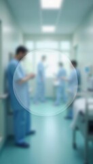 Medical professionals engage in discussion within a clinic characterized by rounded translucent backgrounds. Semi-transparent circle for text. Clinic or hospital. Patients and doctors. Generative AI