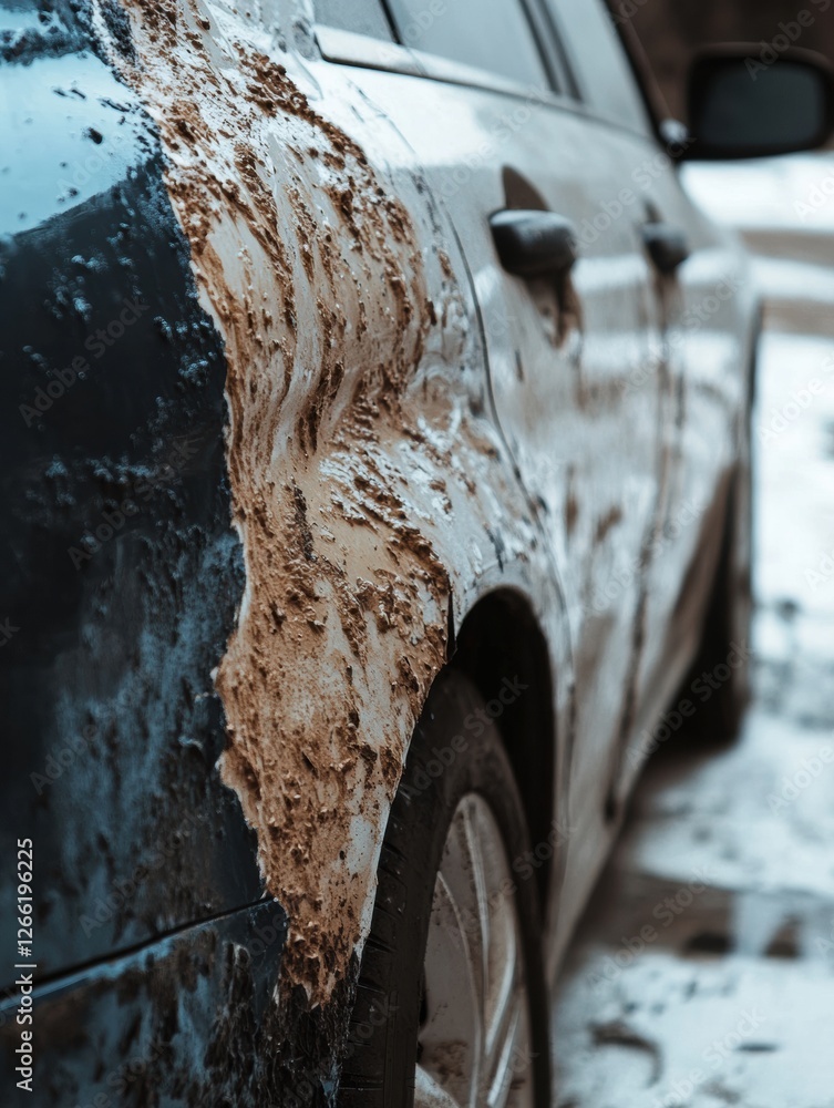 Fototapete Side by side comparison of a scratched and dirty car with a shiny and polished vehicle showcasing distinct contrasts in appearance. Generative AI