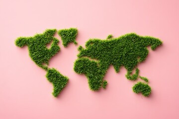 World Map Outline in Grass on Pink Background
