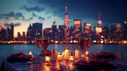 Naklejka premium A beautifully arranged romantic dinner table with flickering candles and a view of a glowing city skyline across the water. No people. Copy space.