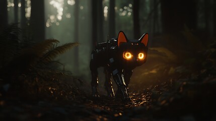 A digital rendering of a black robotic cat with glowing orange eyes walking through a dark forest path, surrounded by ferns and lush greenery under soft, warm lighting. The overall mood is mysterious