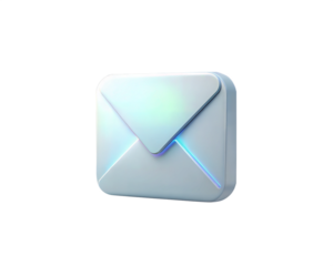 A sleek, holographic 3D icon of a closed envelope with a modern design, featuring smooth gradients and glowing edges, isolated on white background. Perfect for messaging or communication concept