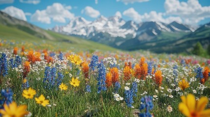 Obraz premium Colorful wildflowers bloom in alpine meadow, snow-capped mountains background. Possible use Nature, travel, scenic