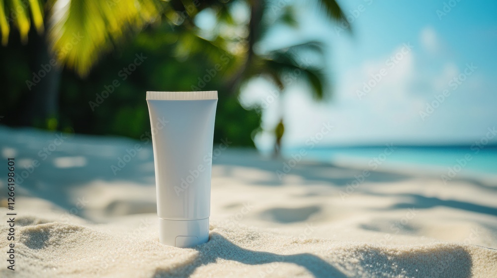 Poster Cosmetics cream tube resting on sandy beach with tranquil ocean waves and palm trees in the background during sunny day. Generative AI