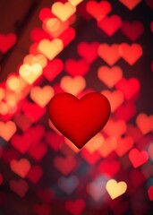 A large red heart stands out against a background of blurred hearts and bokeh lights concept of love and romance happy valentines day background bokeh red bokeh abstract background glow design light t