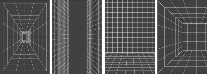 geometric wireframe perspective  room mesh. Geometry wireframe grid backgrounds in black color