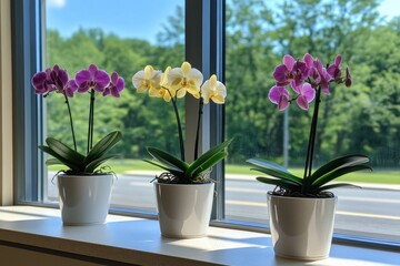 Three potted orchids of different colors on a windowsill.