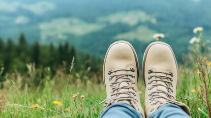 Exploring nature with hiking boots on grassy hilltop