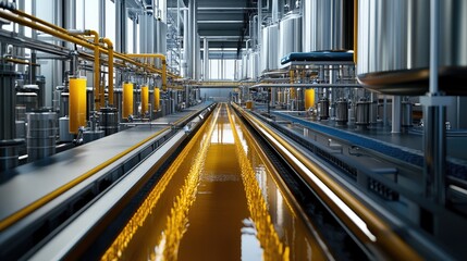 Brewery interior, liquid flowing, industrial process, stainless steel tanks, brewing production