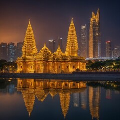 Obraz premium A magnificent golden templar dazzling skyline at night with illuminated buildings and reflections' glowing under the soft evening light.
