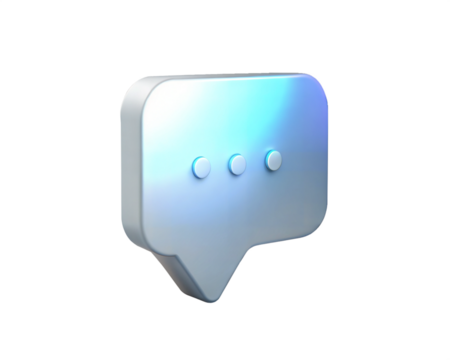 A sleek holographic 3D icon of a comment bubble featuring three dots, representing a message or conversation in progress, isolated on white background. Ideal for digital communication and social media