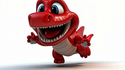 Red cartoon dinosaur character soaring joyfully against a plain backdrop during a vibrant creative moment - Powered by Adobe