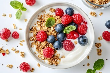 Healthy breakfast bowl with yogurt, granola, and fresh berries on white background.