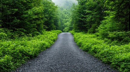Obraz premium Gravel road through lush green forest, misty day, scenic background, nature travel