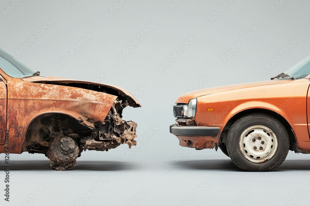 Poster Side by side comparison of a dented rusty car and a fully repaired vehicle showcasing transformation and restoration. Generative AI