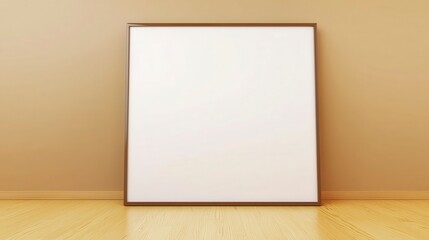 Naklejka premium Blank Canvas in a Simple Frame Positioned Against a Neutral Wall and Wooden Floor for Versatile Use