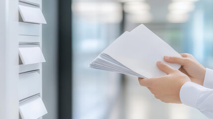 person holding stack of envelopes in office setting, ready to sort mail