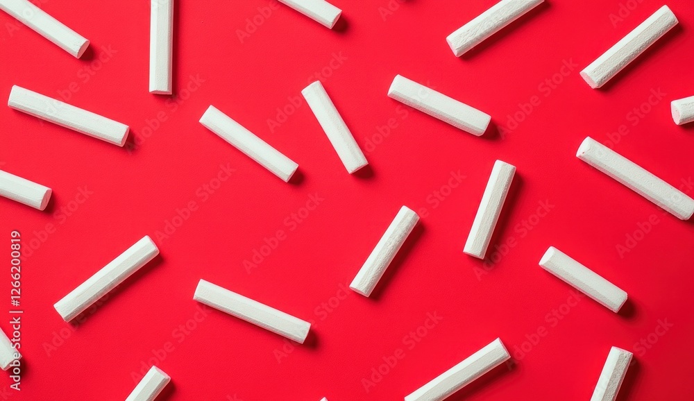 Poster white rectangular objects scattered on red background.