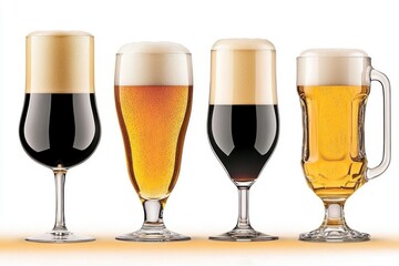 Selection of Different Beer Styles in Glasses with Various Foam Heights and Colors