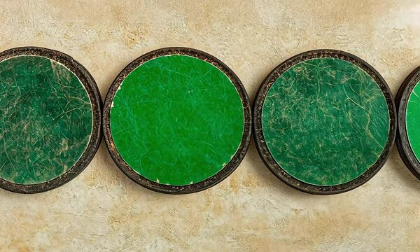 Worn green coasters, stone background, pub, close-up, mockup