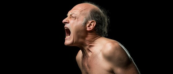 Fototapeta premium Man Expressing Raw Emotion Through Intense Facial Expression in Dark Setting